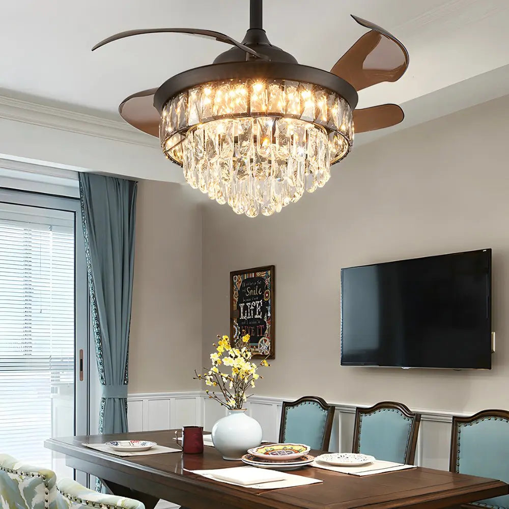 20-Inch Black Crystal Ceiling Fan with Retractable Blades and LED Lights Luxe