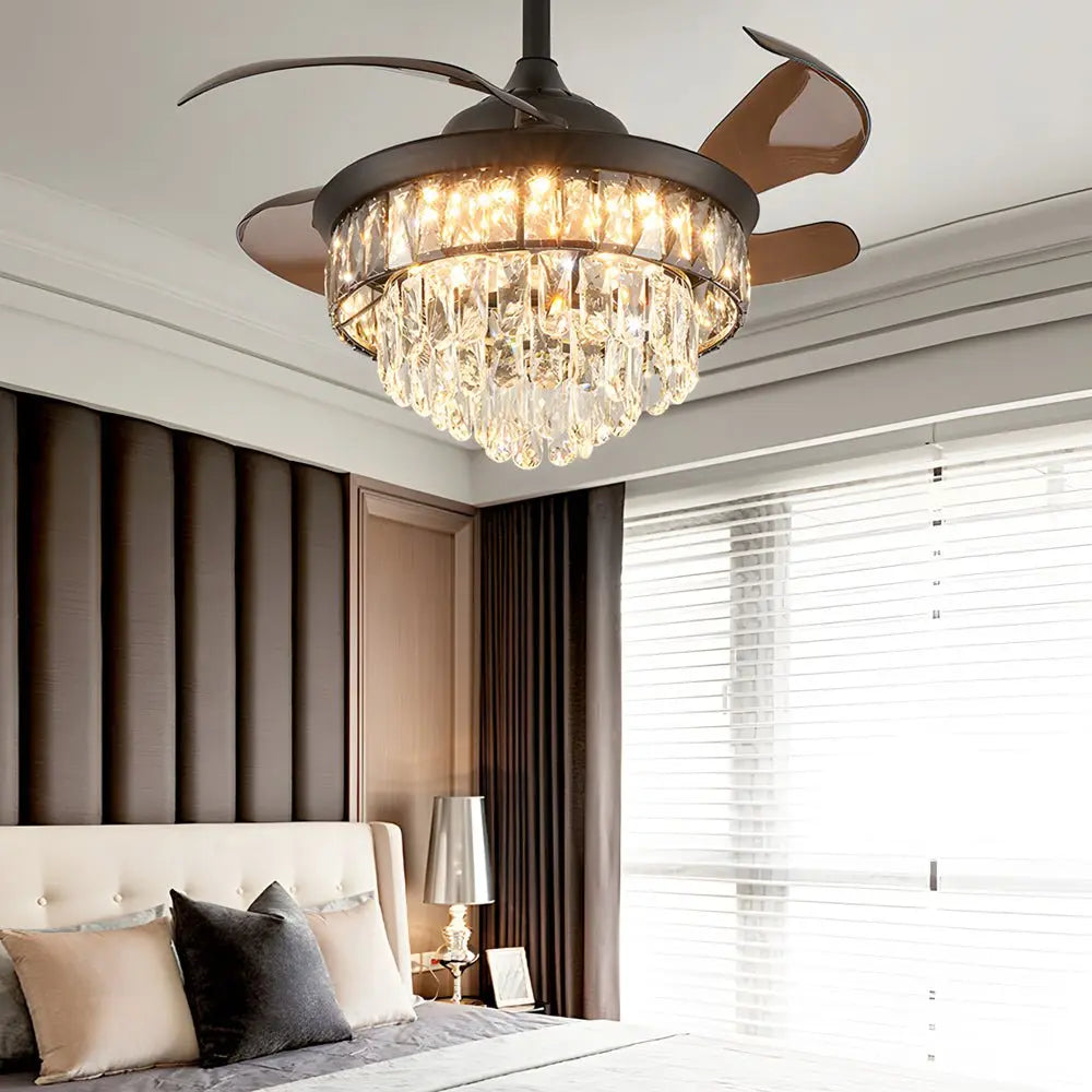 20-Inch Black Crystal Ceiling Fan with Retractable Blades and LED Lights Luxe