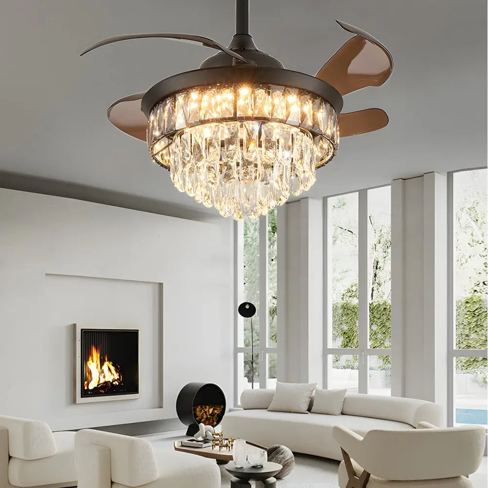 20-Inch Black Crystal Ceiling Fan with Retractable Blades and LED Lights Luxe