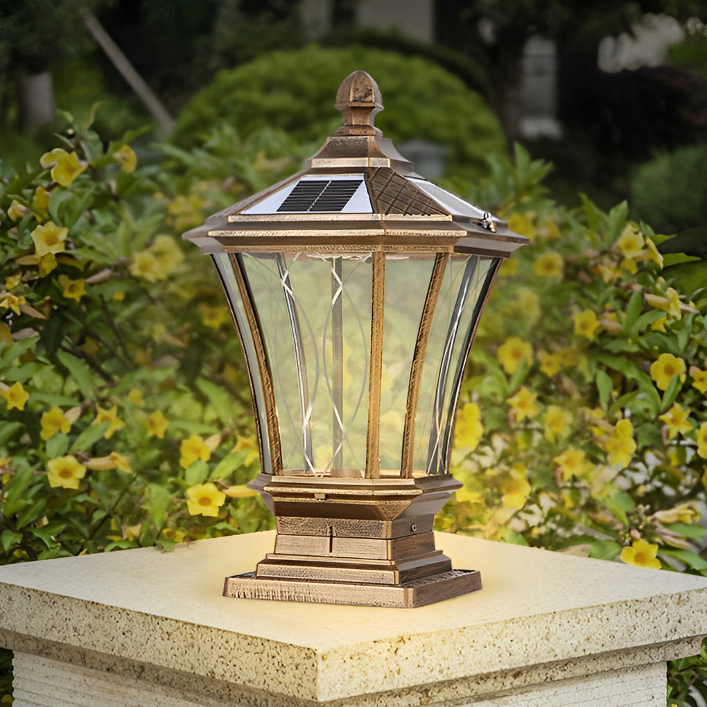 Retro Vintage Outdoor Post Light — Die-Cast Aluminum and Glass, Solar / Hardwired, IP65, 9"×17"