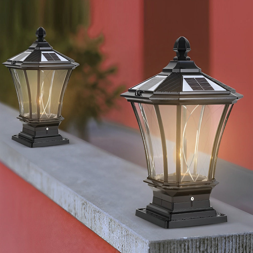 Retro Vintage Outdoor Post Light — Die-Cast Aluminum and Glass, Solar / Hardwired, IP65, 9"×17"