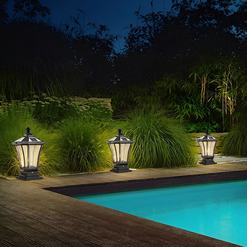 Retro Vintage Outdoor Post Light — Die-Cast Aluminum and Glass, Solar / Hardwired, IP65, 9"×17"
