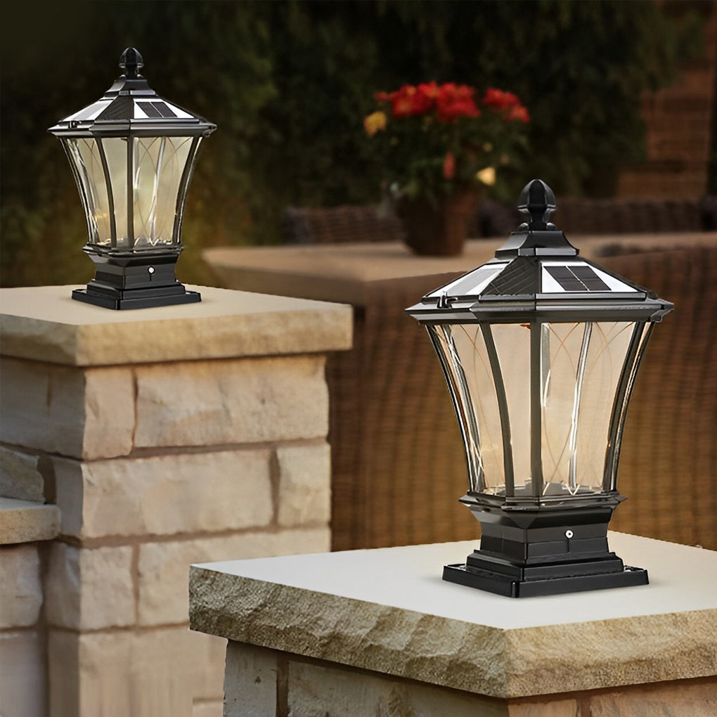 Retro Vintage Outdoor Post Light — Die-Cast Aluminum and Glass, Solar / Hardwired, IP65, 9"×17"