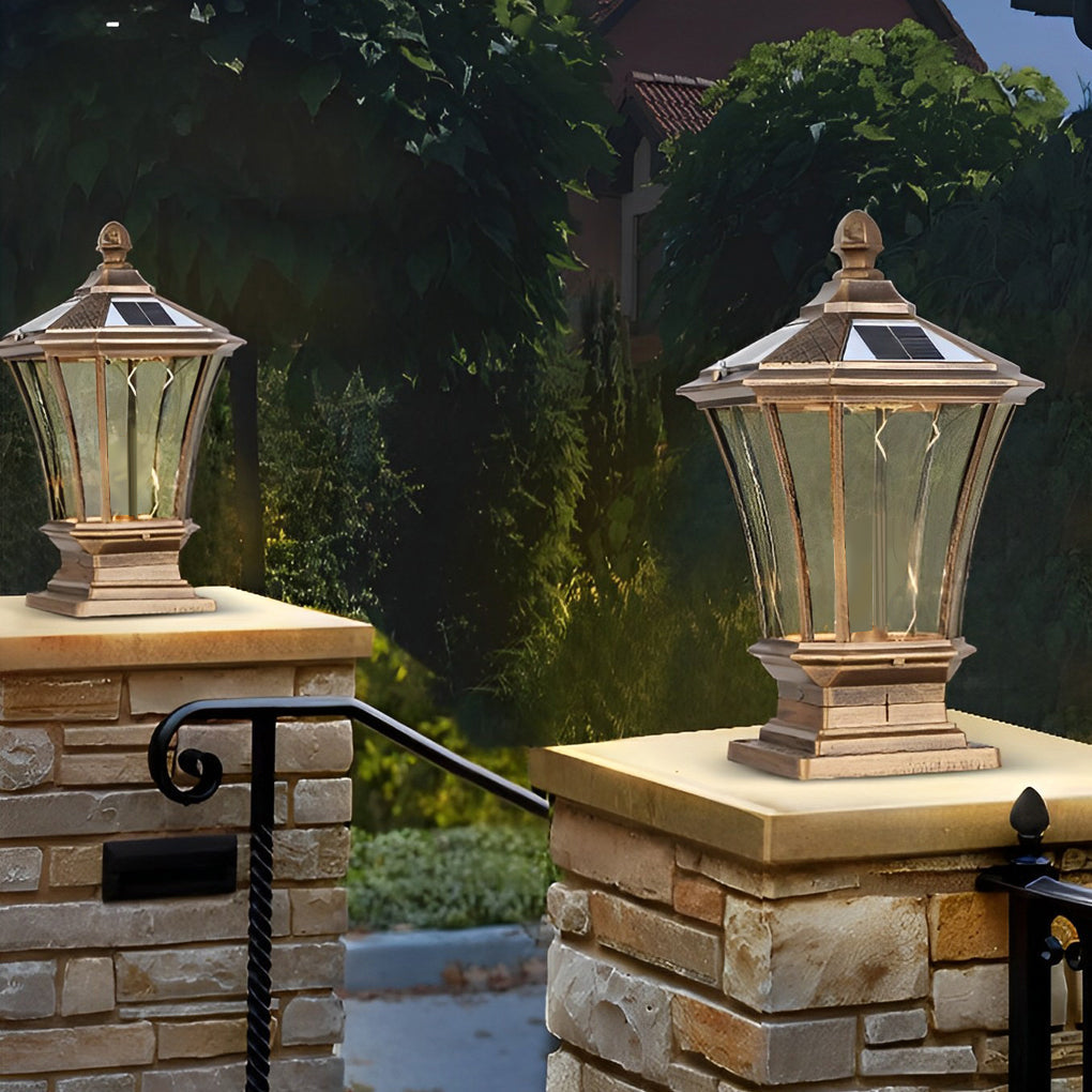 Retro Vintage Outdoor Post Light — Die-Cast Aluminum and Glass, Solar / Hardwired, IP65, 9"×17"