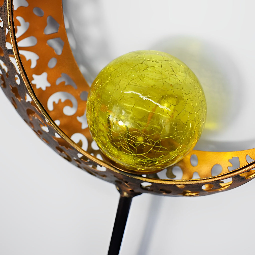 Moon, Sun & Flame Hollow Iron Solar Garden Stake Light — Cracked Glass Globe, LED, IP55 Weatherproof