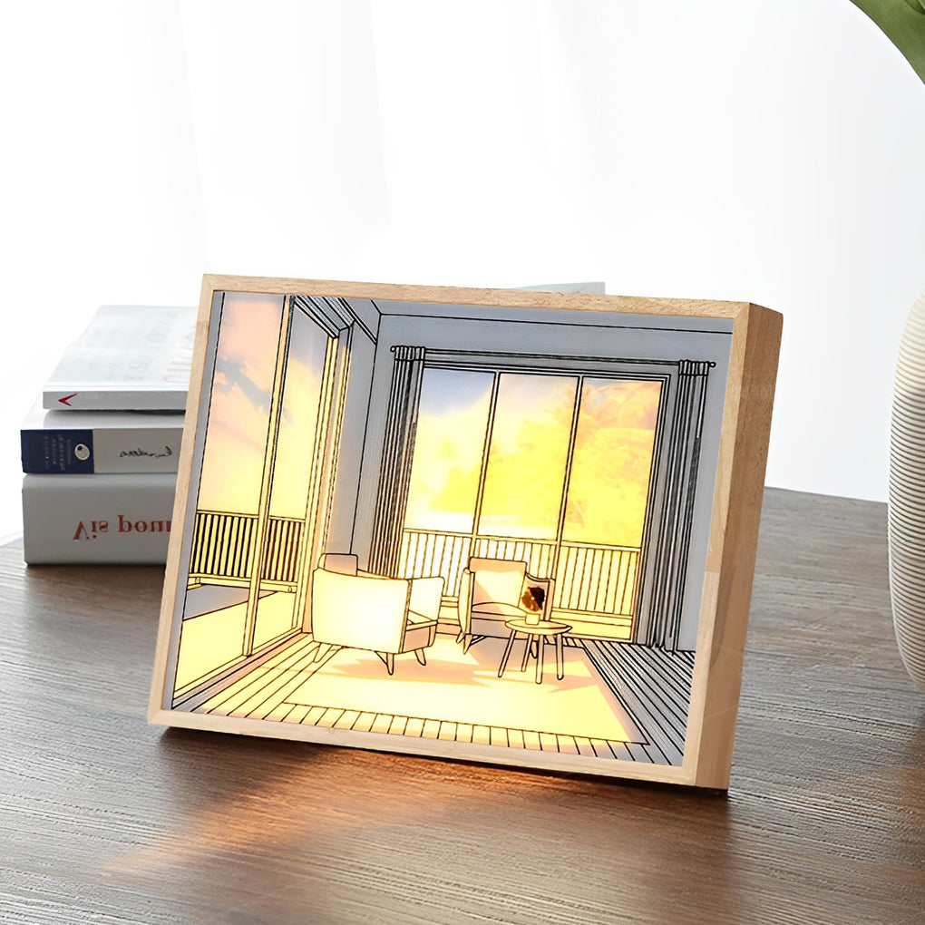 Sunshine LED Wall Art Night Light — Wood and Acrylic Frame, Touch Dimmable, 13" × 9", Rechargeable