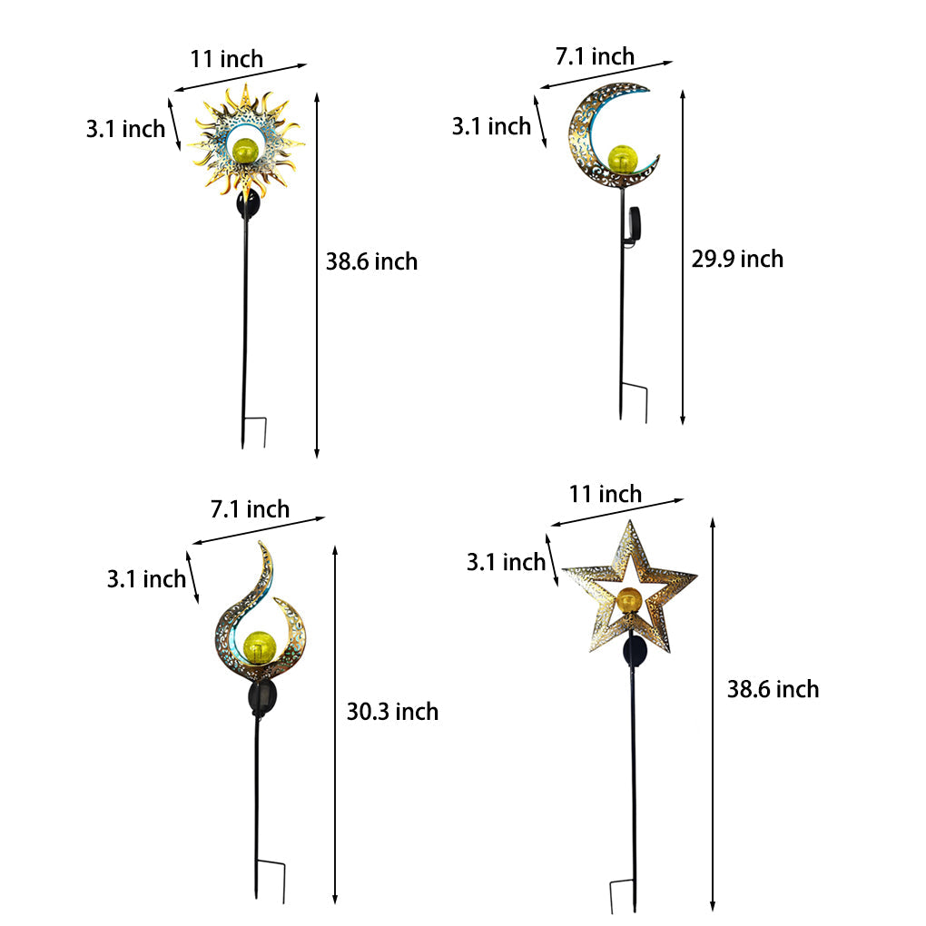 Moon, Sun & Flame Hollow Iron Solar Garden Stake Light — Cracked Glass Globe, LED, IP55 Weatherproof