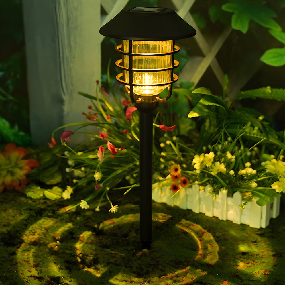 228 inch solar pathway lights featuring hat top and wire circled lampshade
