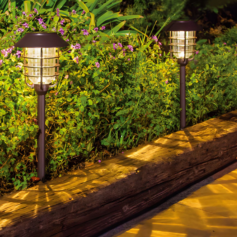 228 inch solar pathway lights featuring hat top and wire circled lampshade