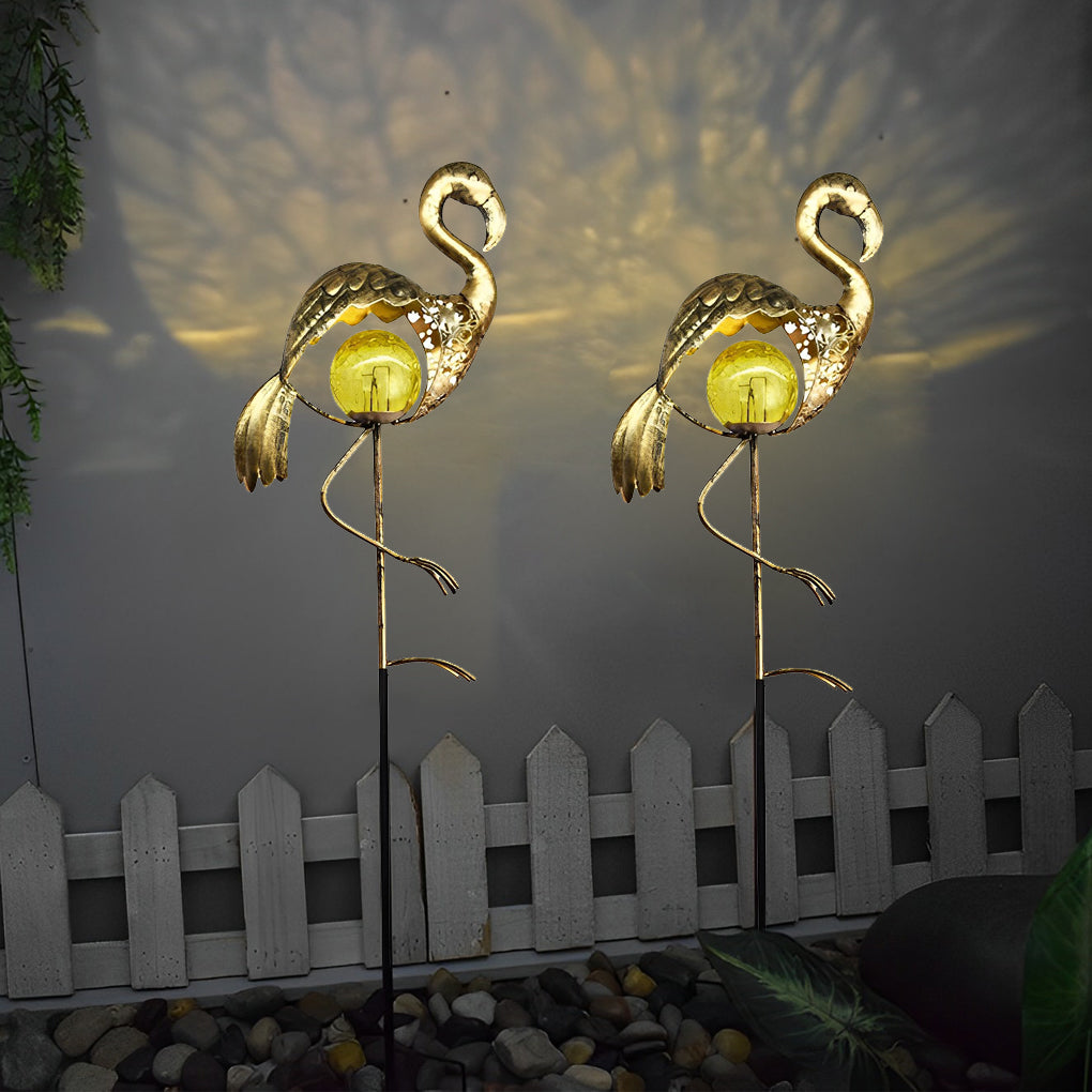 Moon, Sun & Flame Hollow Iron Solar Garden Stake Light — Cracked Glass Globe, LED, IP55 Weatherproof