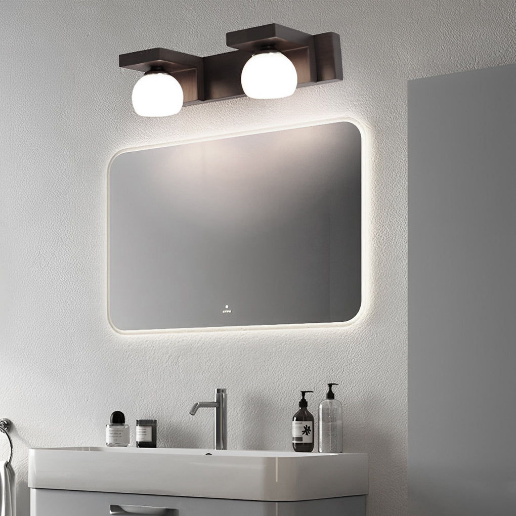 2/3-Light Bathroom Vanity Light — Walnut Wood and Iron, Adjustable Spotlight or Fixed Glass Dome Shades, G9, Hardwired
