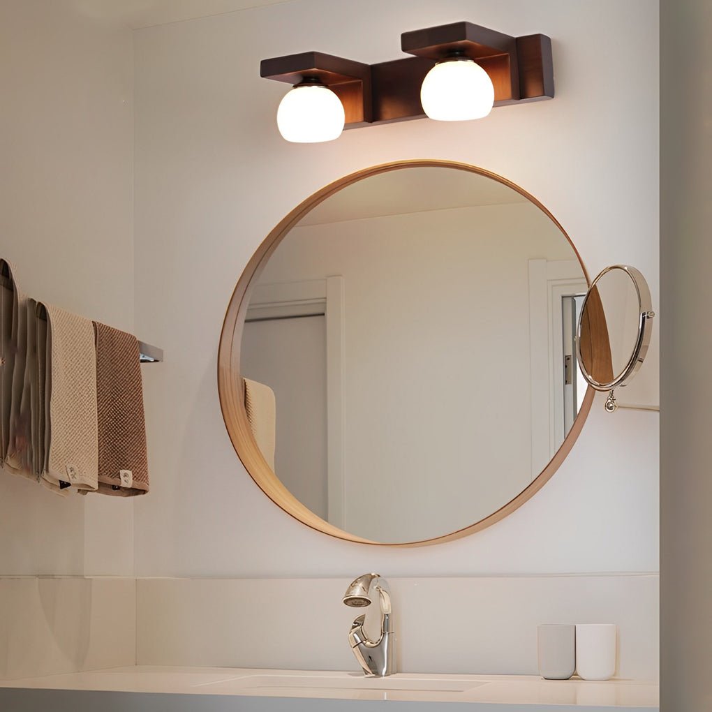2/3-Light Bathroom Vanity Light — Walnut Wood and Iron, Adjustable Spotlight or Fixed Glass Dome Shades, G9, Hardwired