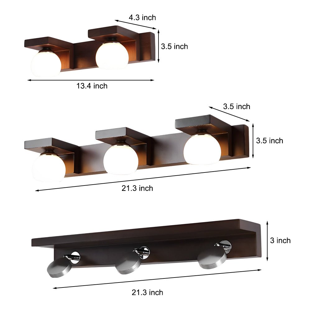 2/3-Light Bathroom Vanity Light — Walnut Wood and Iron, Adjustable Spotlight or Fixed Glass Dome Shades, G9, Hardwired
