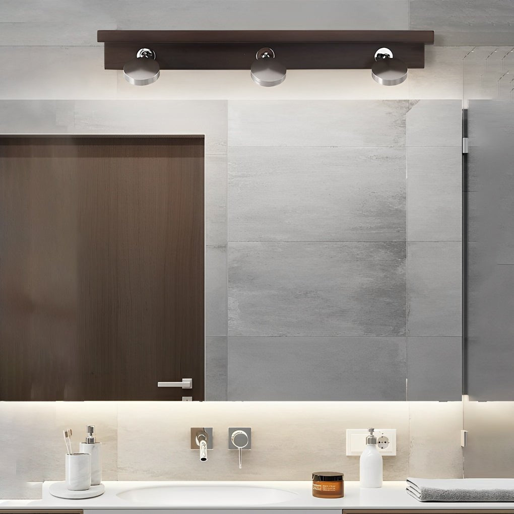 2/3-Light Bathroom Vanity Light — Walnut Wood and Iron, Adjustable Spotlight or Fixed Glass Dome Shades, G9, Hardwired