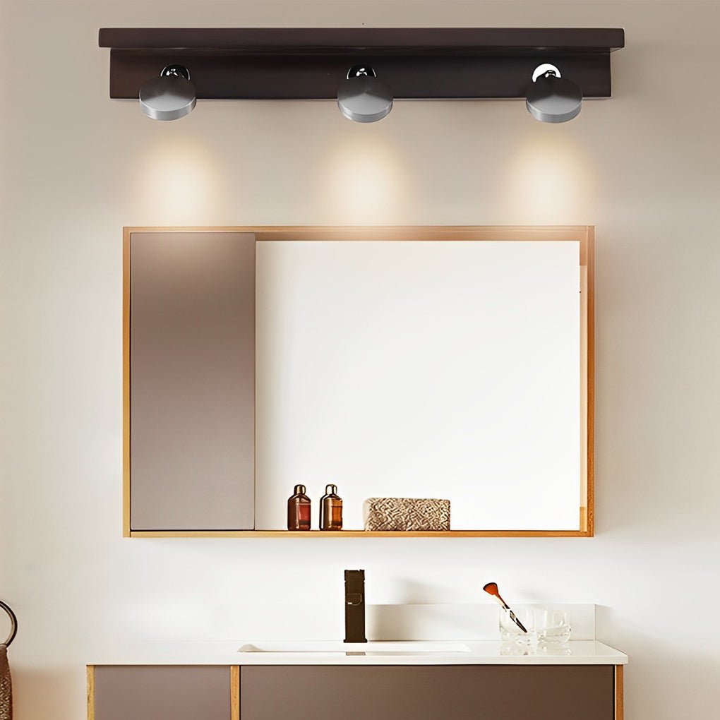 2/3-Light Bathroom Vanity Light — Walnut Wood and Iron, Adjustable Spotlight or Fixed Glass Dome Shades, G9, Hardwired