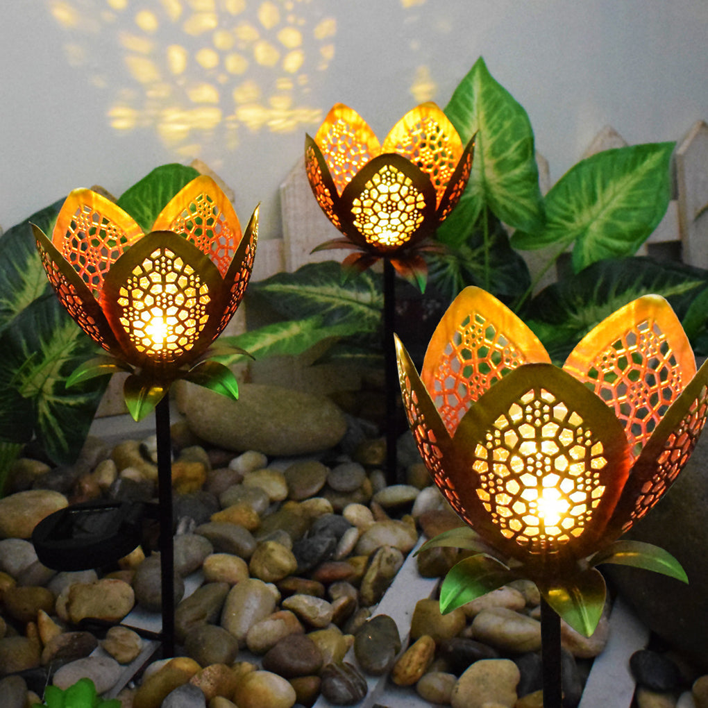 Moon, Sun & Flame Hollow Iron Solar Garden Stake Light — Cracked Glass Globe, LED, IP55 Weatherproof
