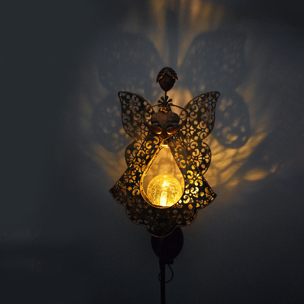 Moon, Sun & Flame Hollow Iron Solar Garden Stake Light — Cracked Glass Globe, LED, IP55 Weatherproof