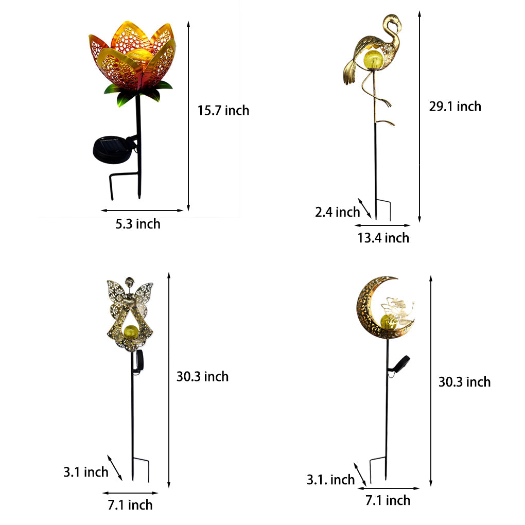 Moon, Sun & Flame Hollow Iron Solar Garden Stake Light — Cracked Glass Globe, LED, IP55 Weatherproof