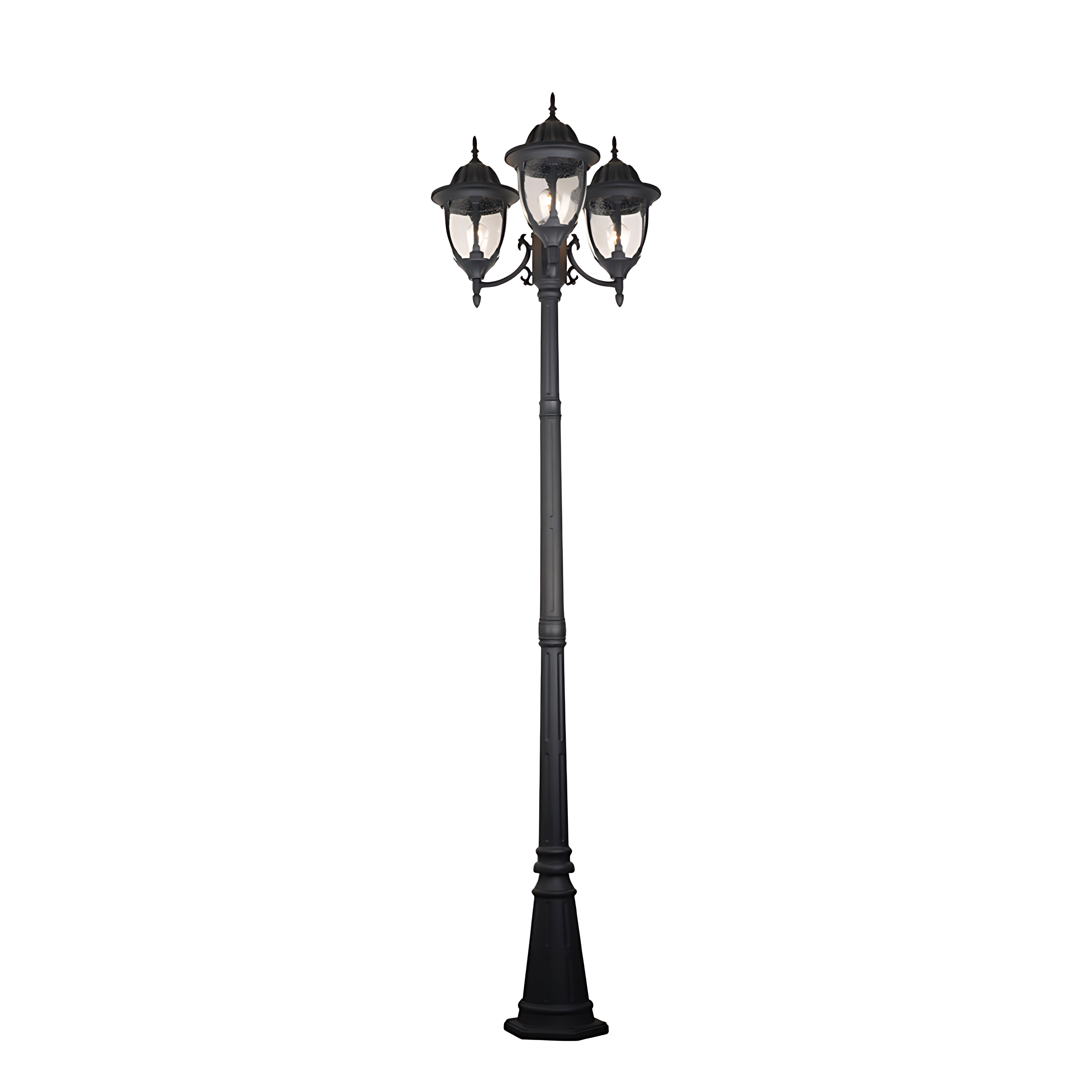 Three-Head Outdoor Post Light — Black Aluminum, 7W LED, IP54, 90.55" Height, E27, 3000K
