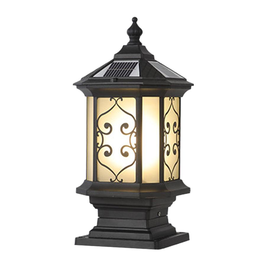 Retro Lantern Outdoor Gate Pillar Light — Die-Cast Aluminum, Frosted Glass, Solar or Hardwired, Black or Bronze