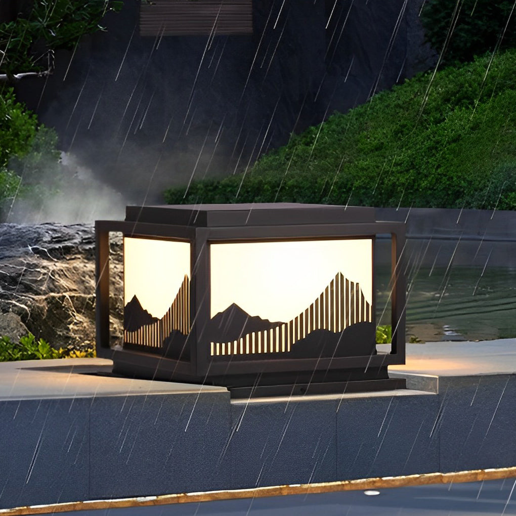 Square Solar Post Cap Light — Galvanized Steel & Acrylic, Mountain Scenery, LED E27, Hardwired / Solar, Warm White 3000K