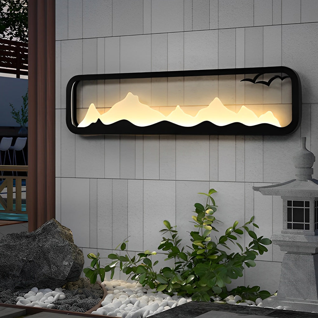 Rectangular Mountain Scenery Outdoor Wall Sconce — Black Iron & Acrylic, Industrial, LED, IP65, 14W–28W, 3000K