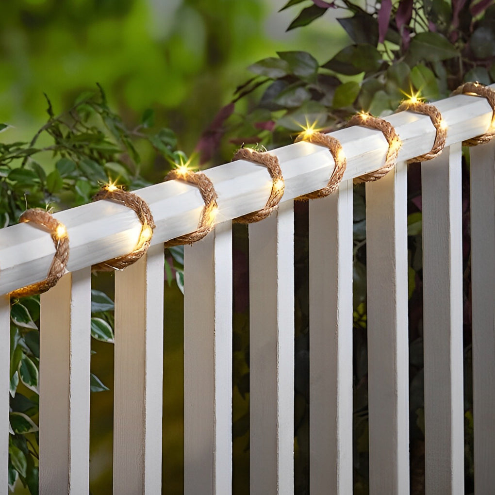 Hemp Rope LED String Lights — Solar or Battery-Powered, Warm White, 100-Light / 16.4 Ft or 200-Light / 32.8 Ft