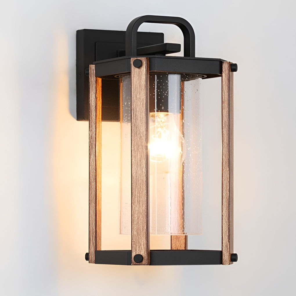 Black Glass Lantern Outdoor Wall Sconce — Die-Cast Aluminum, Industrial, Wood Grain Finish, 3200K