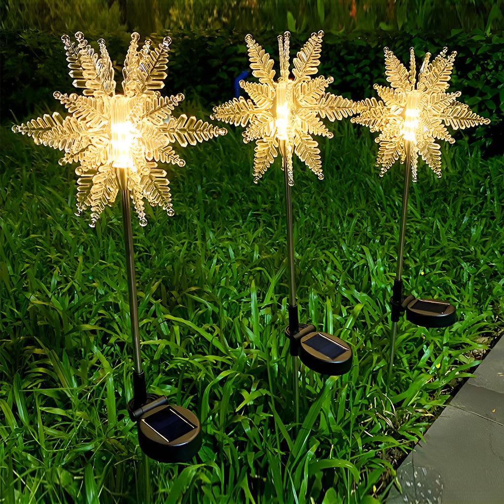 Snowflake Solar Lawn Lights, 2-Pack — Acrylic & Stainless Steel, LED Warm White, IP65, 8" Diameter