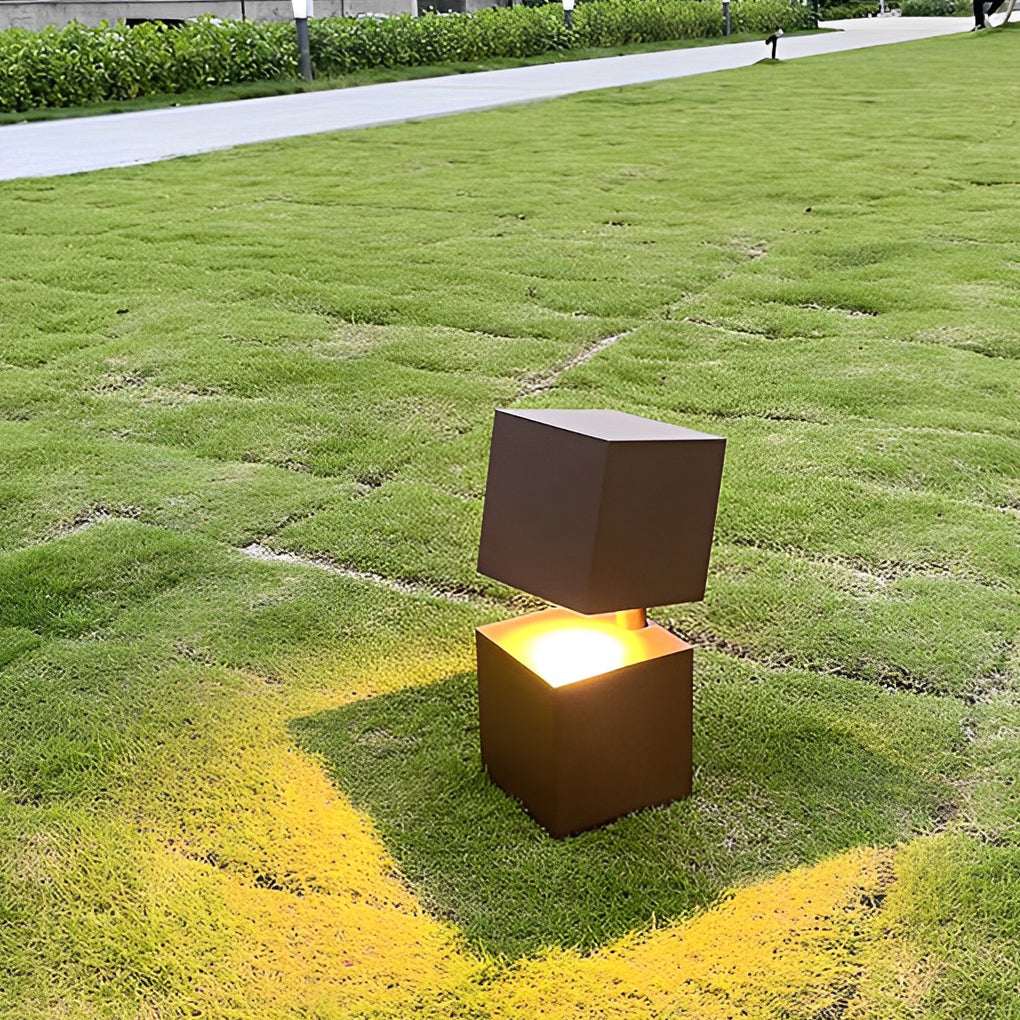 Geometric Double-Cube Solar Bollard Light — Black Aluminum, LED 3000K, IP65, 14.6" or 24.2"