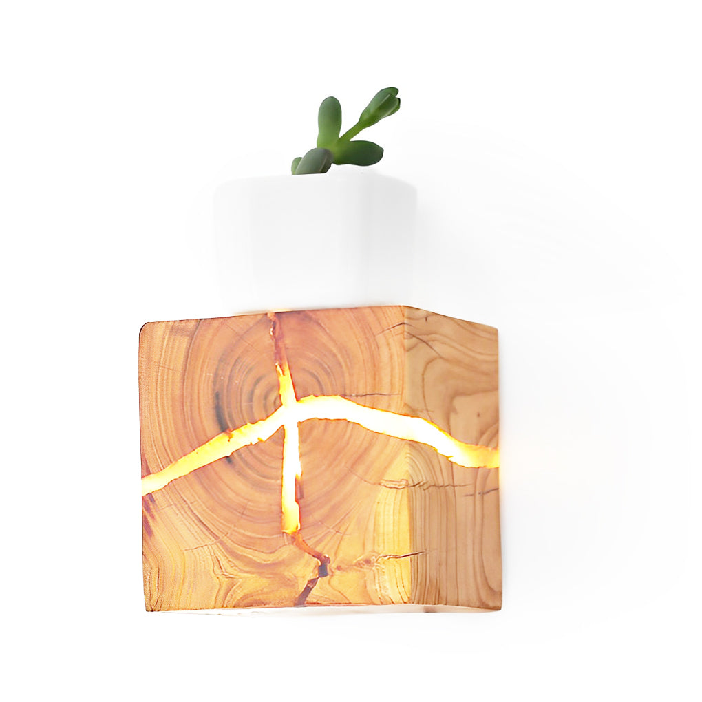 Square Cracked Wood Grain Wall Sconce — Wood and Resin, G4, Warm White 3000K, Rustic Modern