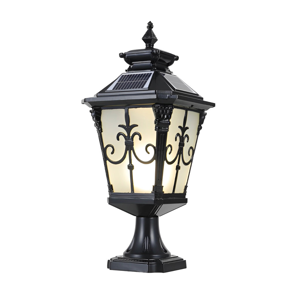 Retro Solar Fence Post Light — Die-Cast Aluminum & Glass, LED, IP55, Remote Control, Black / Bronze