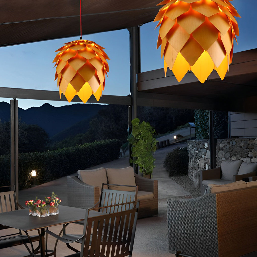 Pine Cone Pendant Chandelier — Wood, LED, 7W/9W, 3000K Warm White, Hardwired, Rustic Modern