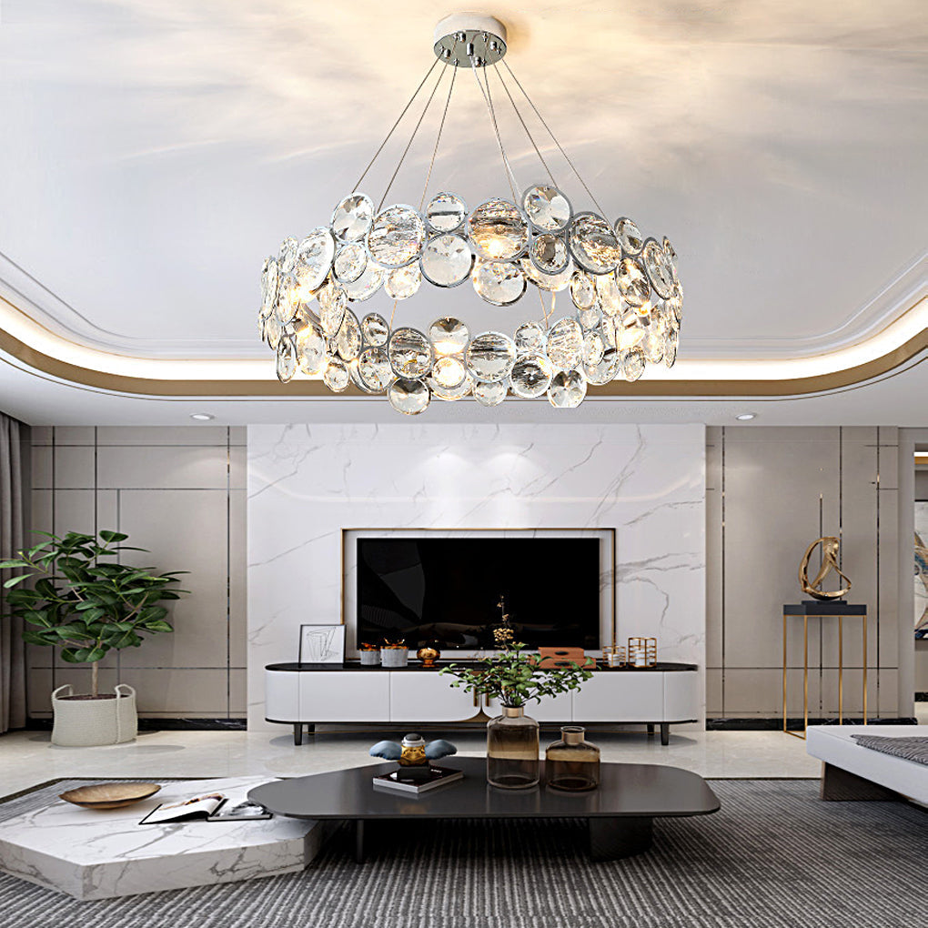 Round Bubble Crystal Chandelier — Electroplated Stainless Steel, Warm White 3000K, 20"–39" Dia.