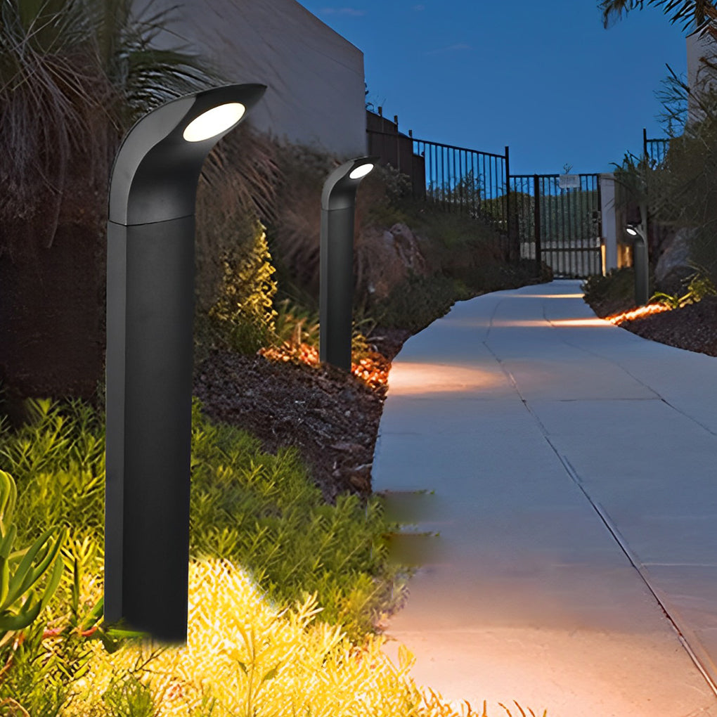 Curved-Head COB LED Bollard Path Light — Matte Black Aluminum, 10W, IP65 Weatherproof, 3000K Warm White