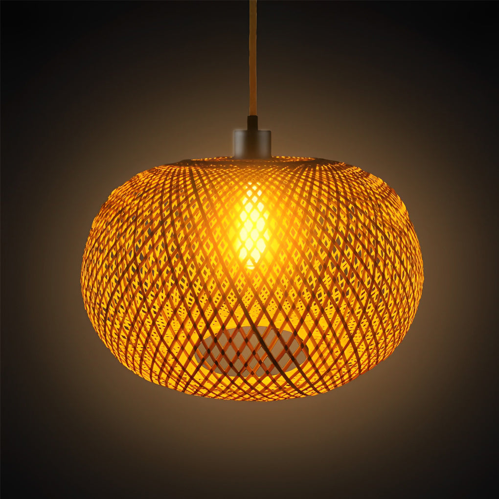 Round Hand-Woven Bamboo Rattan Chandelier — Rustic Modern, 17" Diameter, E26/E27