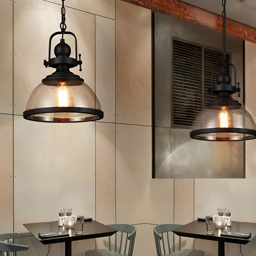 Retro Industrial Bowl Pendant Light — Iron and Antique Glass, E27, Hardwired, 12.2" Diameter