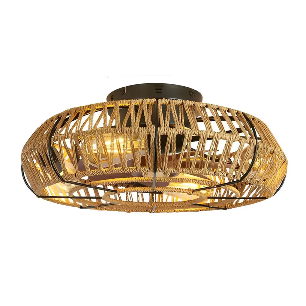 Industrial Style Inverter Ceiling Fan Lamp with Creative Rattan and Iron Design Luxe