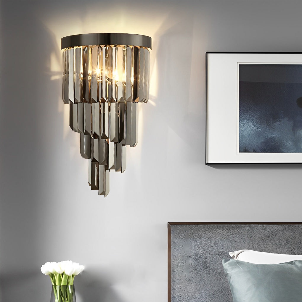 Postmodern Crystal and Stainless Steel Wall Sconce — Smoke Gray, Three-Step Dimming LED, E14