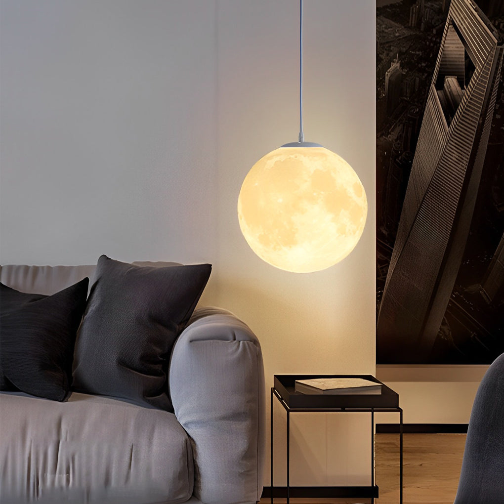 3D Moon Sphere Pendant — Iron, Lunar-Texture Lampshade, Adjustable Hanging Wire, 7.9"–15.7"