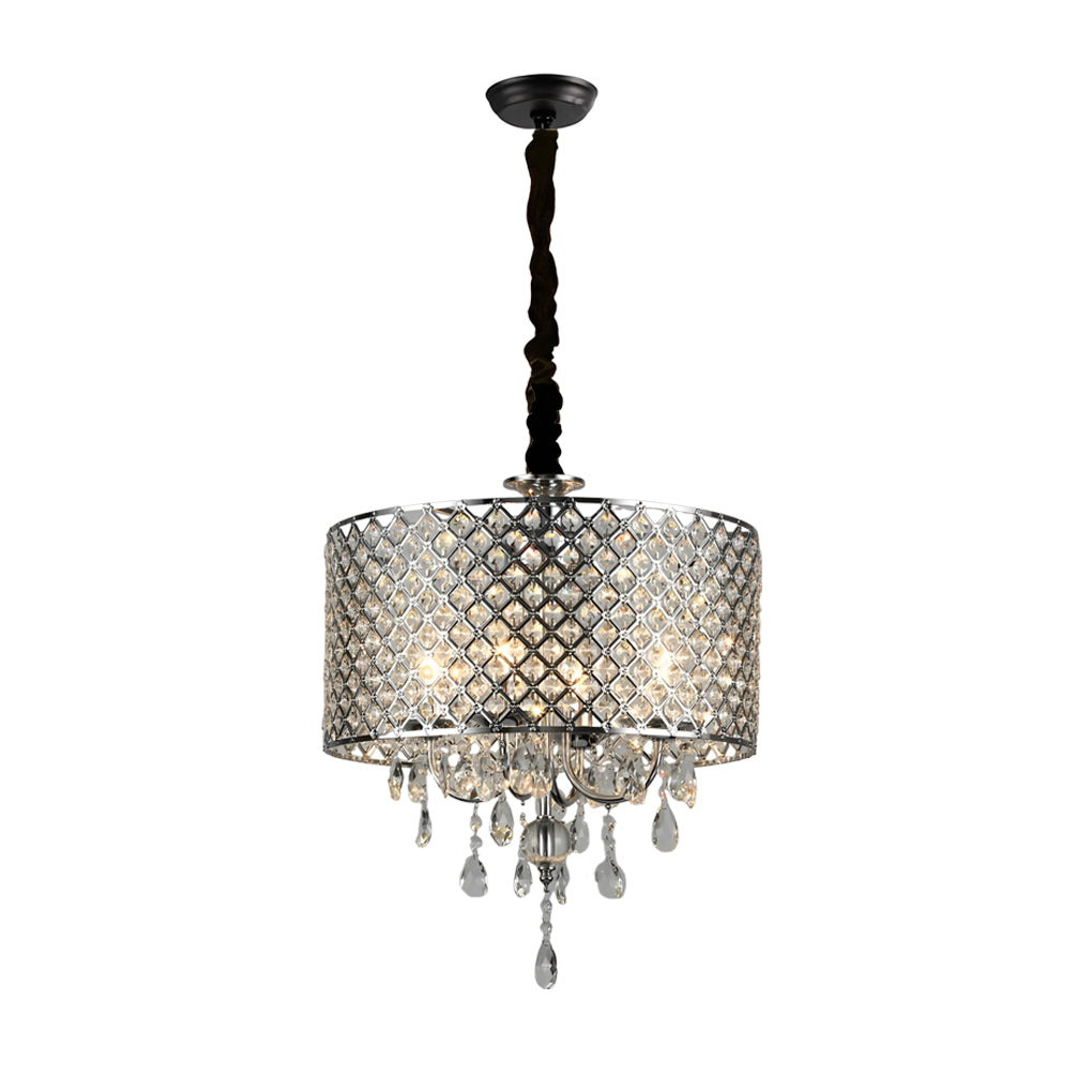 Round Iron and Crystal Chandelier — Retro, Black or Silver, E14, 16.9" Diameter