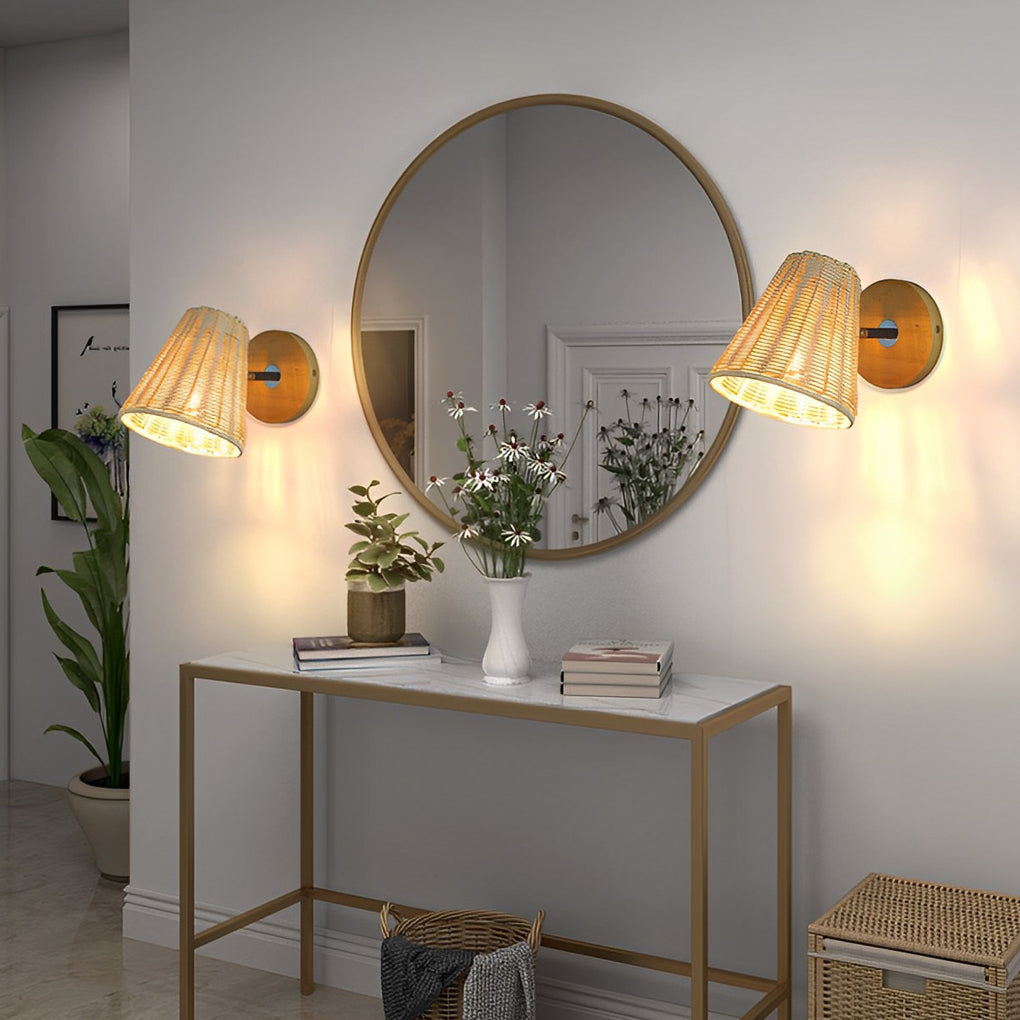 360° Adjustable Hand-Woven Rattan Wall Sconce — Rustic Modern, E26/E27, 6" Diameter
