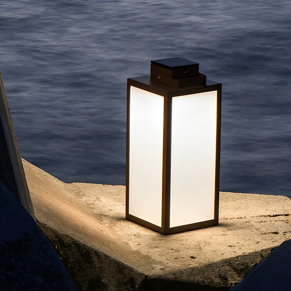 Square Portable Outdoor Lantern — Stainless Steel, Black, LED 3000K, IP65, Solar / Hardwired / Battery, 2 Sizes