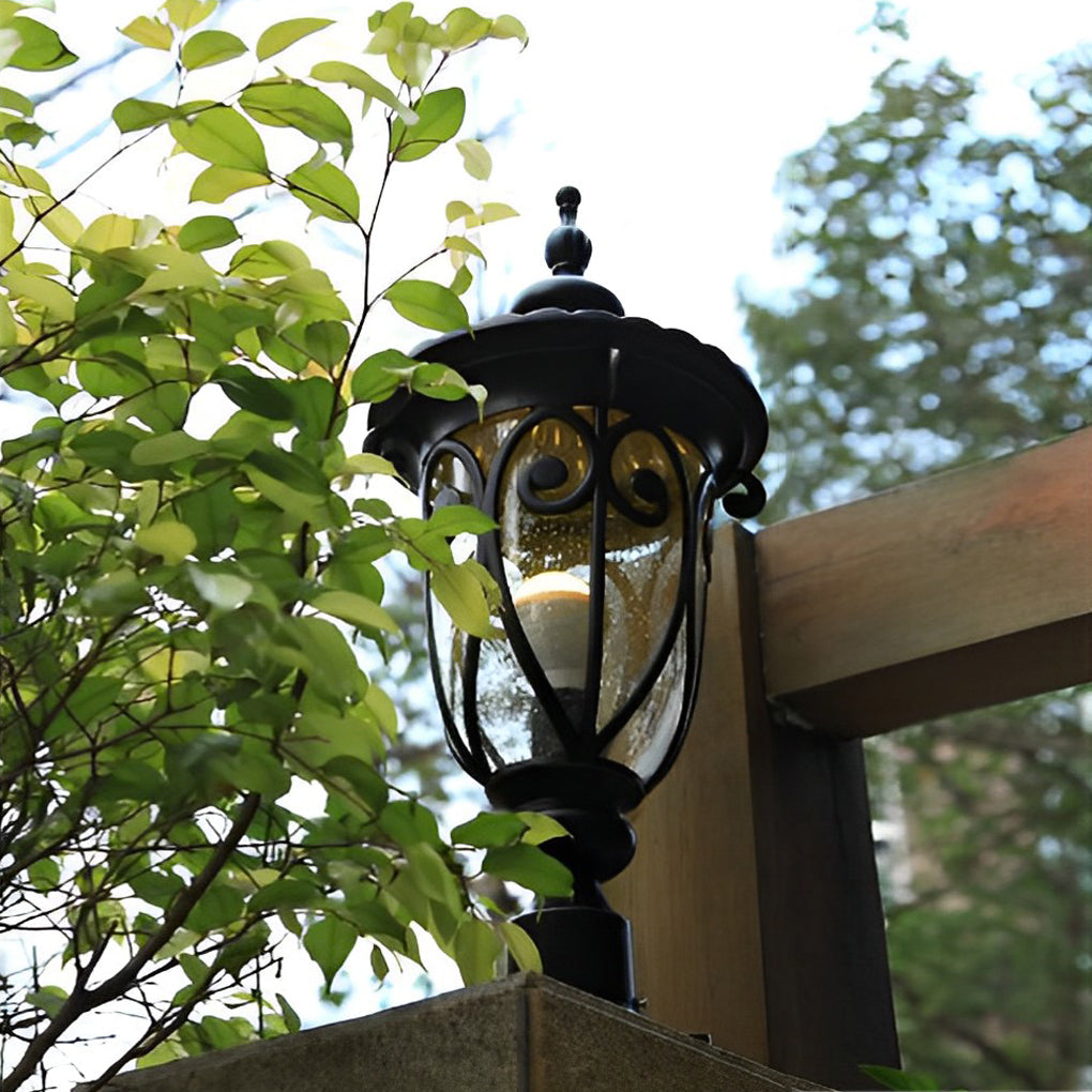 Black Outdoor Pillar Light — Bubble Glass Lantern, Die-Cast Aluminum, 7W LED, IP54, 3000K Warm White
