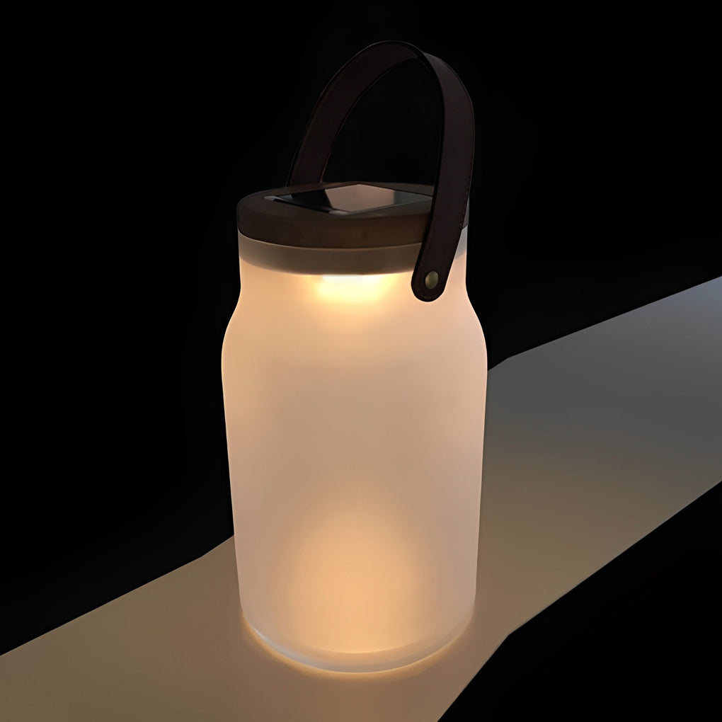 Bottle Jar Solar Portable Lantern — Glass and Teak Wood, LED Waterproof, 9" × 15", White