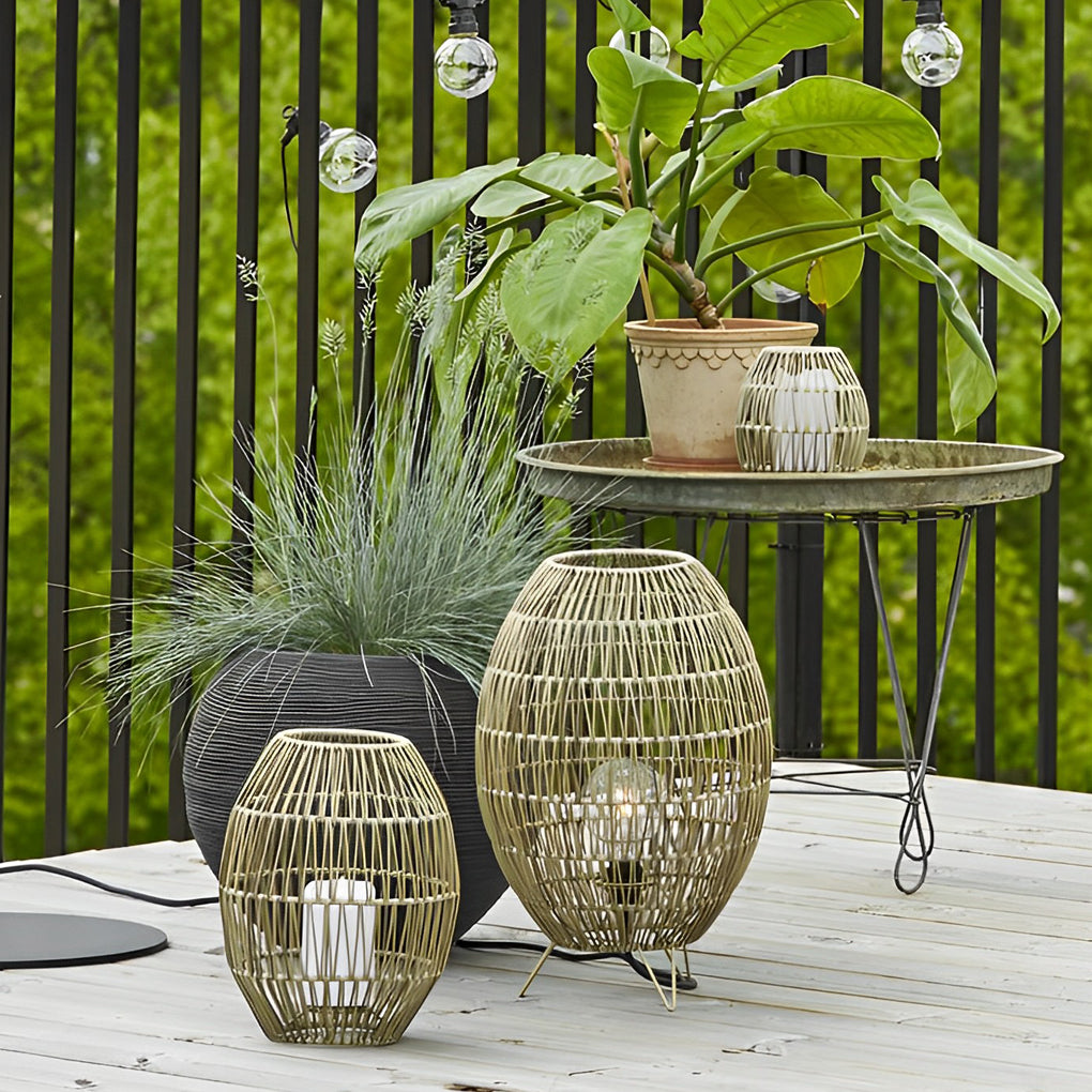 Handcrafted Rattan Oval Cage Outdoor Floor Lamp — Iron Frame, E27, IP65 Weatherproof, 12" × 20"