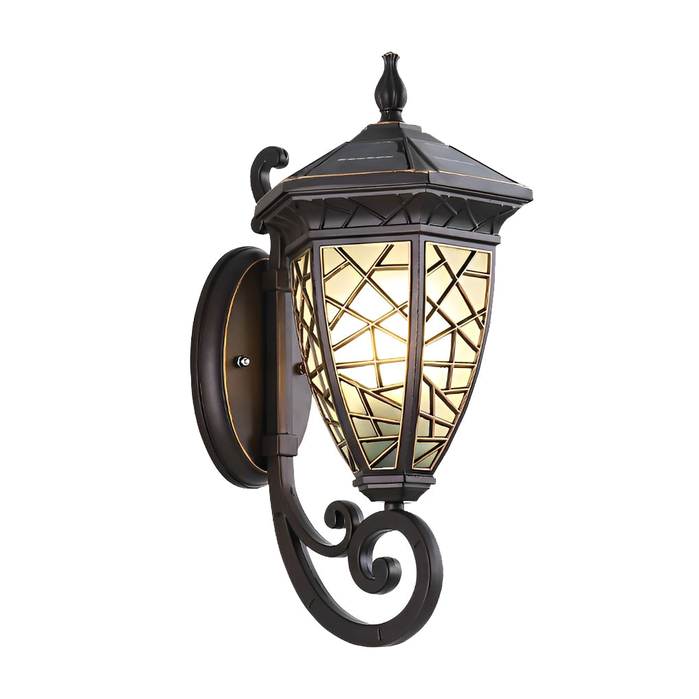 Retro-Pattern Solar Outdoor Wall Sconce — Die-Cast Aluminum, Black, IP55 Weatherproof