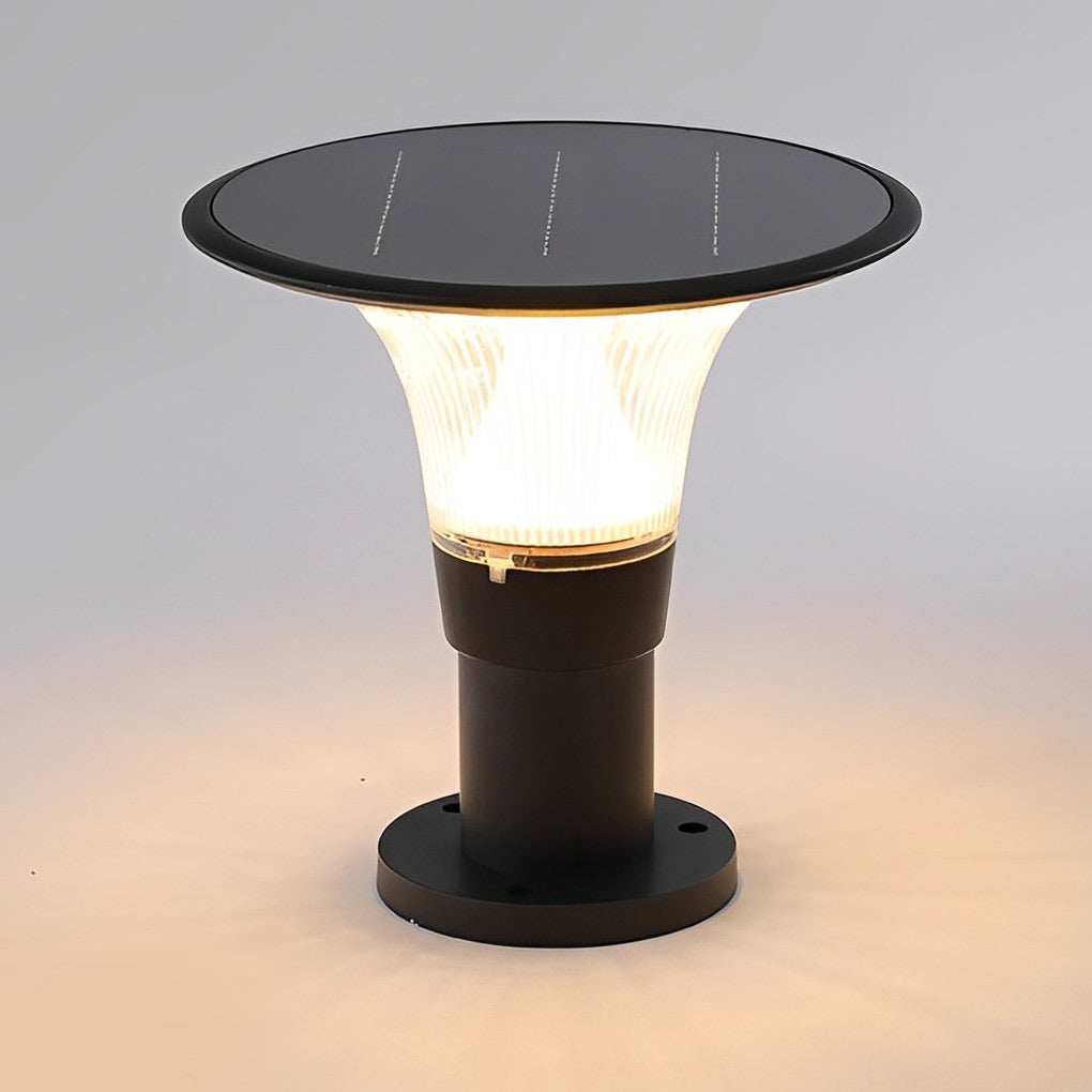 Modern Black Round Solar Post Cap Light — Die-Cast Aluminum, LED, Dimmable, IP55, Warm/White, 9" Diameter