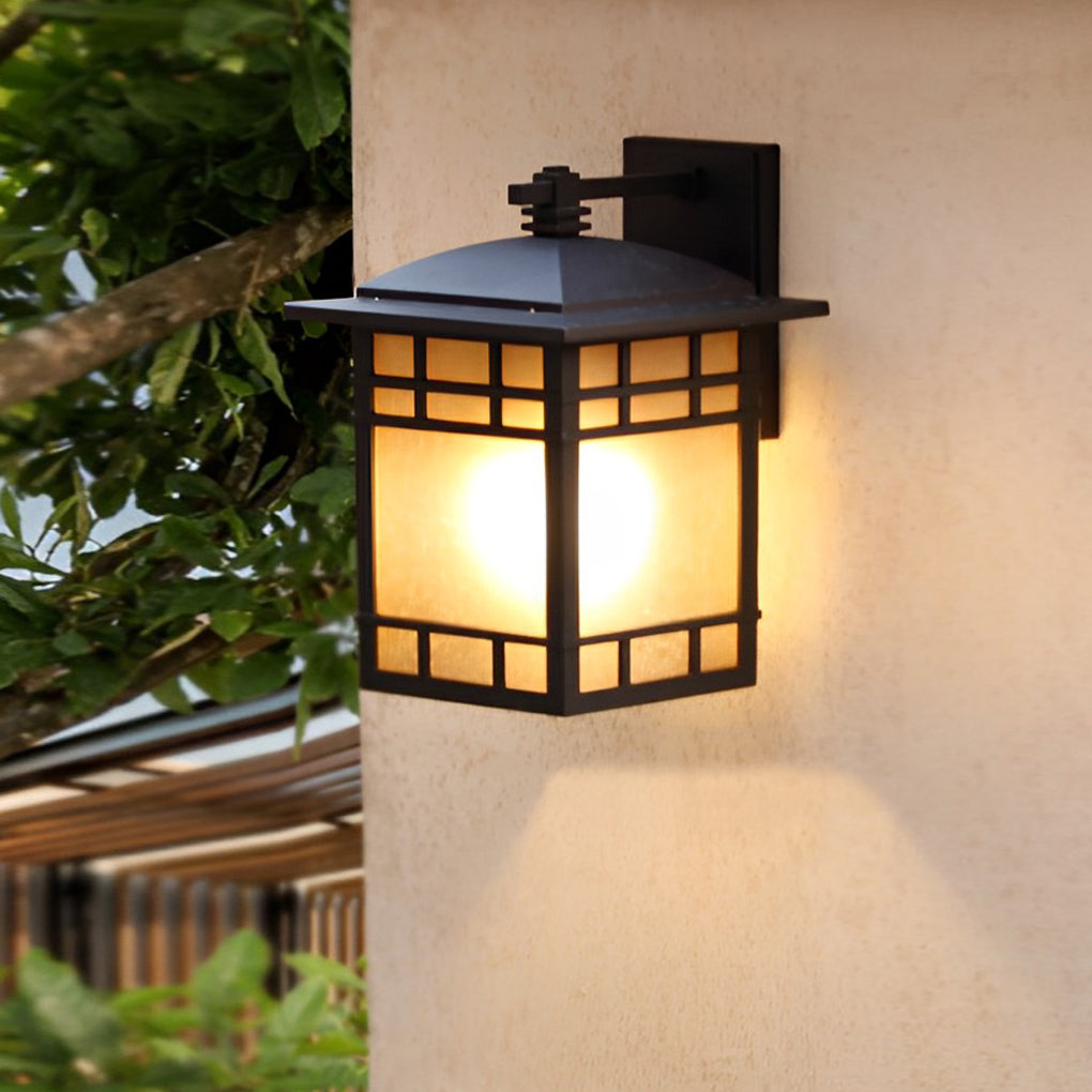 Vintage Industrial Outdoor Wall Sconce — Black Aluminum, Square Yellow Glass Shade, E27, Waterproof
