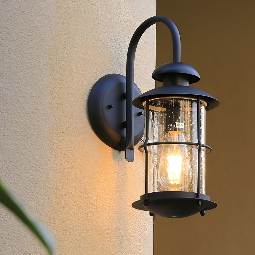 Industrial Outdoor Wall Sconce — Black Iron and Glass, Plug-in, E27, LED, 7" × 16"